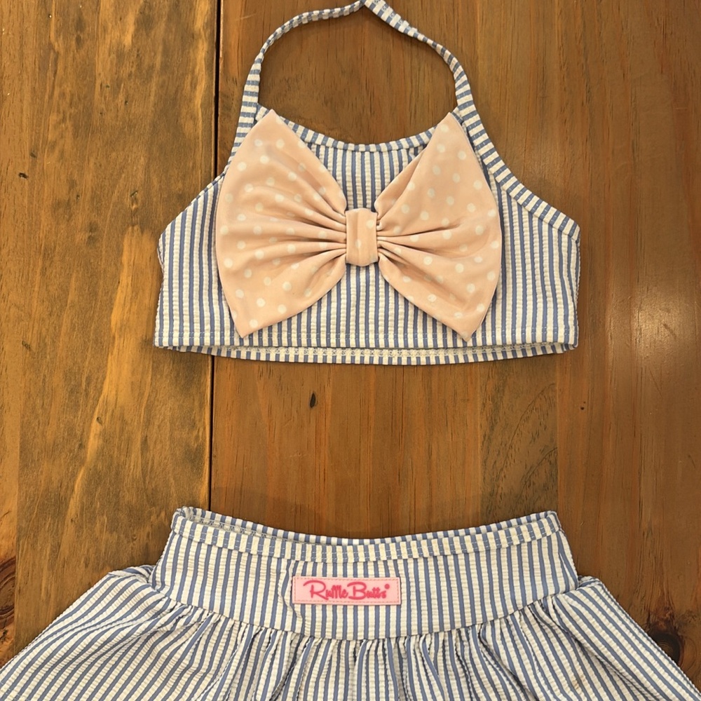 Ruffle Butts Blue and Pink Striped Swim Set